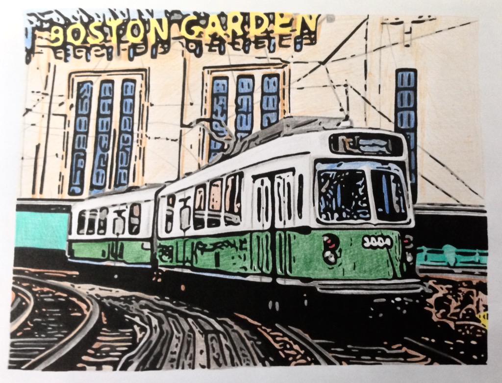 BooRadleyVR's tweet photo. My finished colored pencil #AdultColoring of #TheT @MBTA in front of #TheGarden from my #Boston #Calendraw! http://t.co/KHusOMiOWI