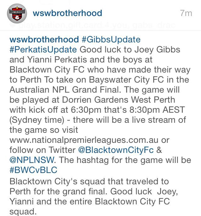 WSWBrotherhood's tweet photo. #GibbsUpdate #PerkatisUpdate Goid luck to Joey Gibbs and Yianni Perkatis and the boys at Blacktown City FC #BWCvBLC http://t.co/1iBrA29Z9q