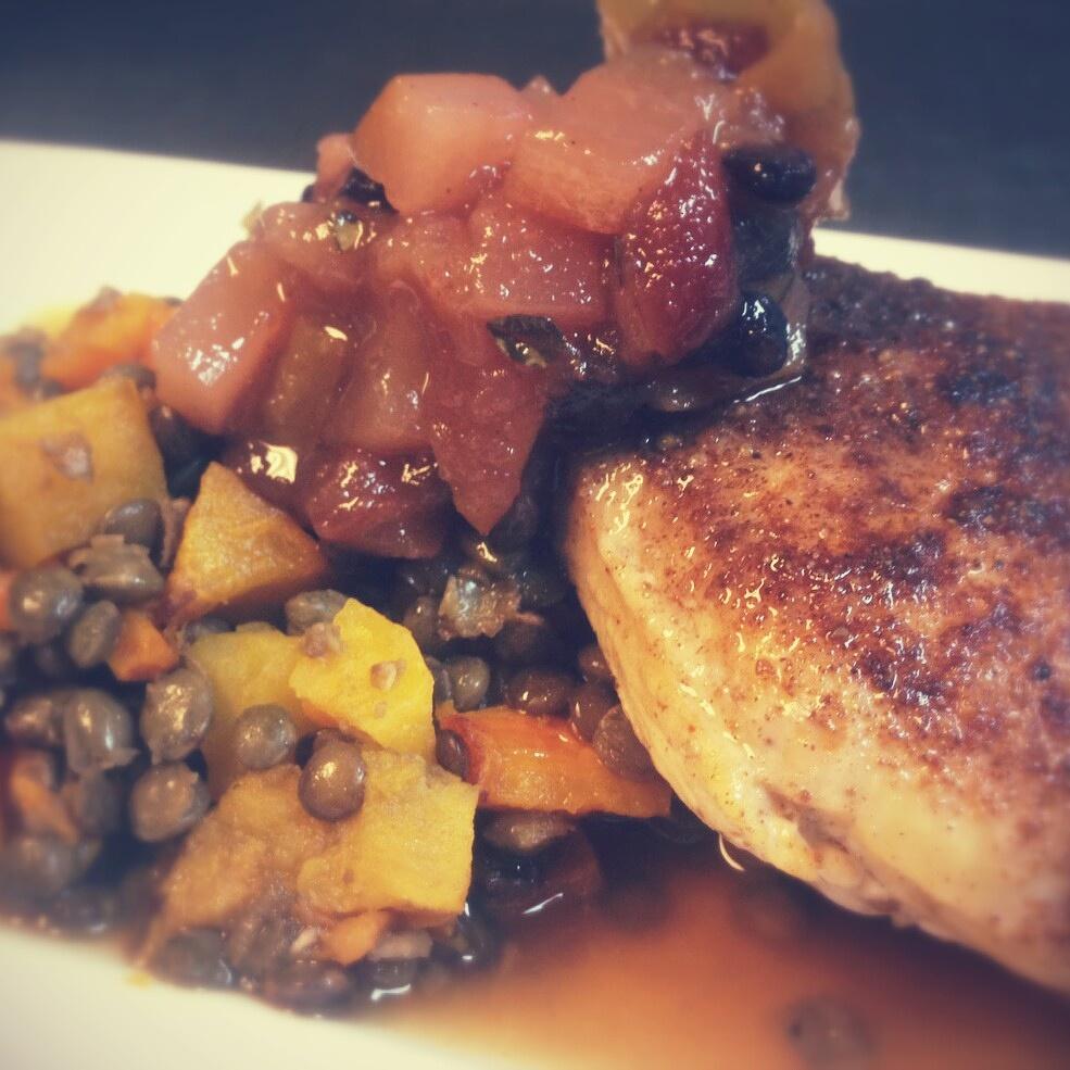 Spiced Chicken Breast, Pickled Pear Relish, and a Squash and Lentil Hash. Mmmmmm. Wine Dinner.