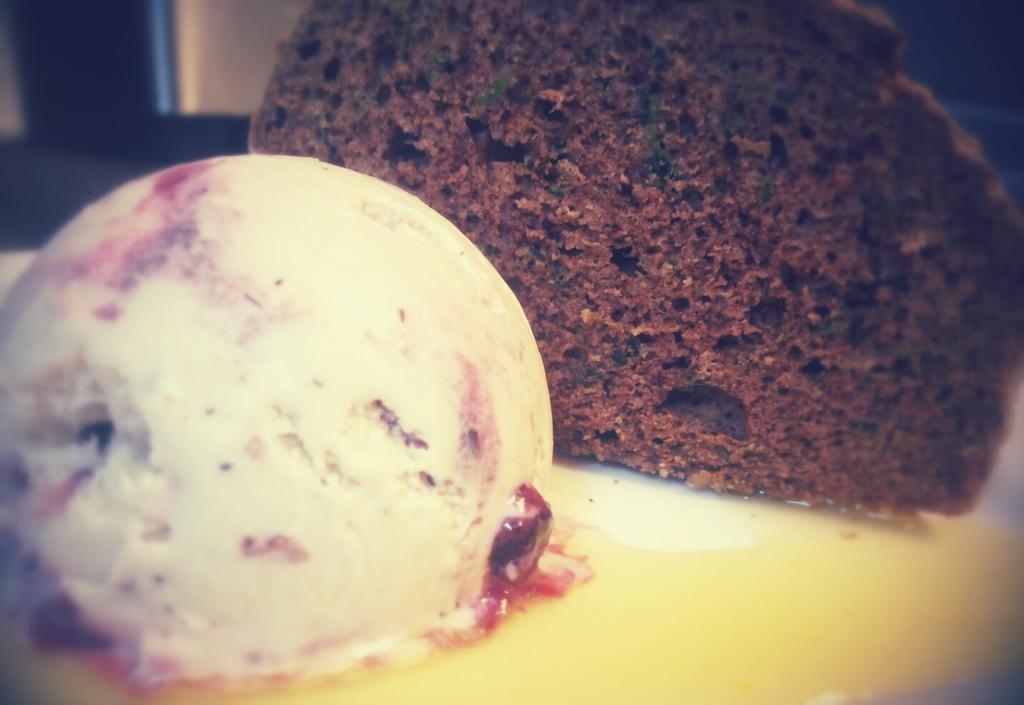 Warm Zucchini Bread, with Lingonberry Ice Cream. Wine Dinner. Relish.