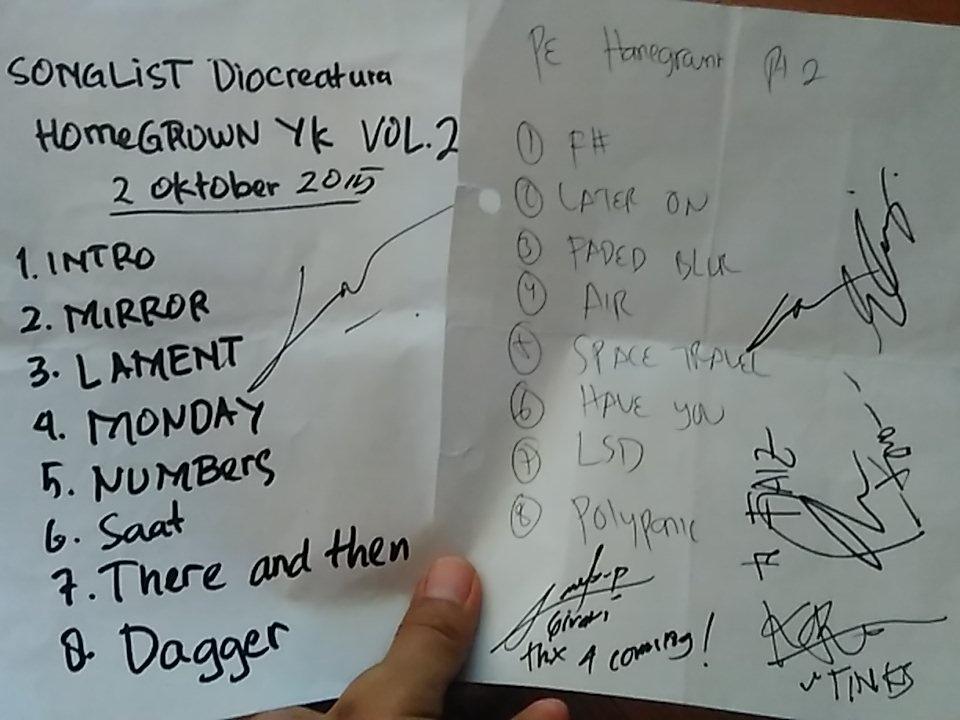 Setlist dari 2 bandnya mas Ekky, yaitu <a href="/PE_official/">Polyester Embassy</a> &amp; <a href="/DIOCREATURA/">DIOCREATURA</a>. Tons of thanks <a href="/HomegrownYK/">HomegrownYK3</a> &amp; <a href="/MonsterstressR/">MonsterstressRecords</a> !