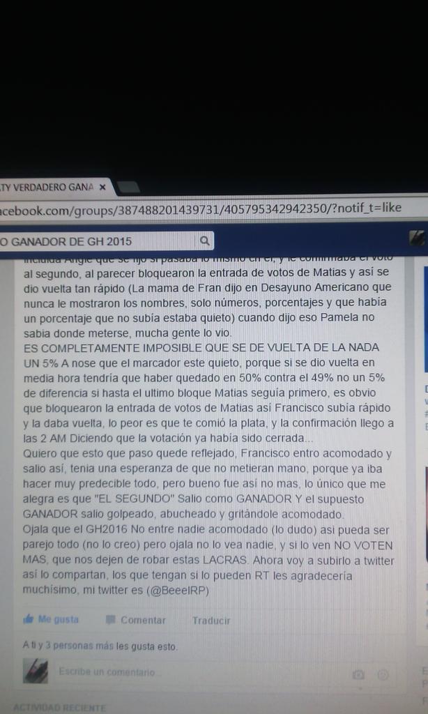 Beel72020's tweet photo. PUEDEN LEER ESTO POR FAVOR? DEN RT, Aqui esta todo el FRAUDE q hubo en este #GH2015 // MATIAS GANADOR EN EL DEBATE http://t.co/bGlWtkEL8V