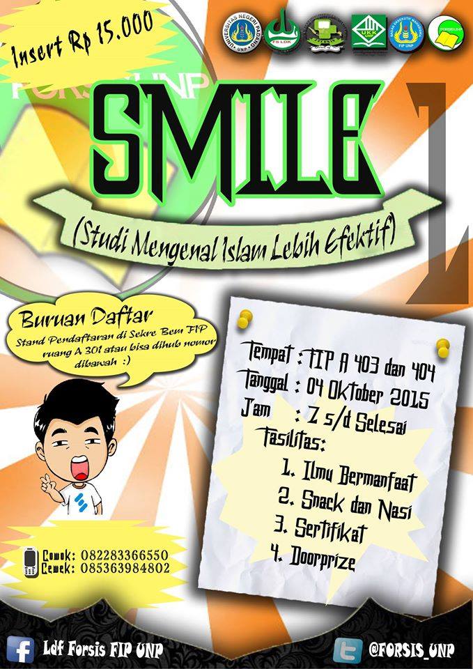 H-1 #SMILE1 So Yuk sms daftar agendanya sob :)
<a href="/kitaUNP/">Mahasiswa UNP</a>  <a href="/mediaUNP/">Media UNP</a>  <a href="/HIMAPGSDUPPIV/">PGSD UNP BUKITTINGGI</a>  <a href="/BEMUNP_Official/">BEM UNP</a>