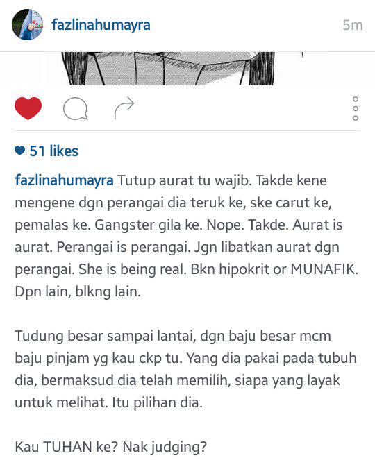 fazlinoninonino's tweet photo. Tutup aurat tu wajib! And perangai is perangai. Dan dia pun tgh berusaha ubah akhlak dia.. kau sapa nak judge org? 😏 http://t.co/xJYah48AOc