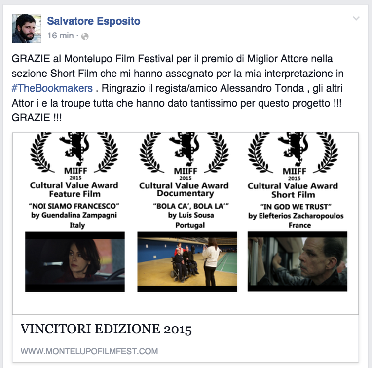 MIIFFEST's tweet photo. Ancora complimenti a Salvatore Esposito @SalvioEspo per la sua interpretazione in #TheBookmakers #MIIFF15 http://t.co/GksjlyUIz1