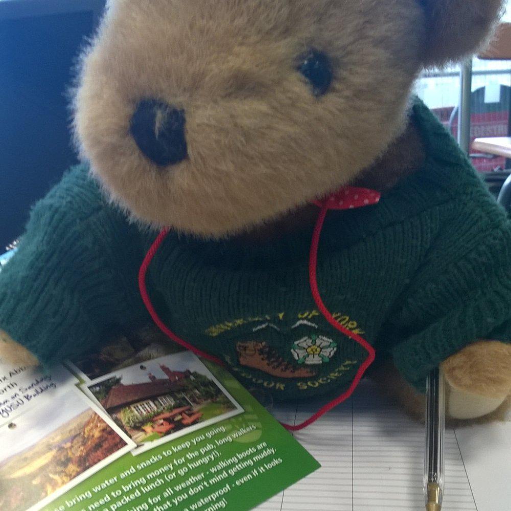 Oswald the bear signing up to the mailing list at today's #freshersfair 🐻🌈