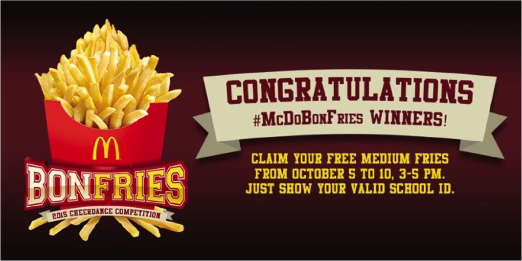 McDo_PH's tweet photo. #McDoBonFries can be claimed by UE students at McDo Lepanto beginning Monday, Oct 5. Congratulations again! http://t.co/fm2mOwsZPx