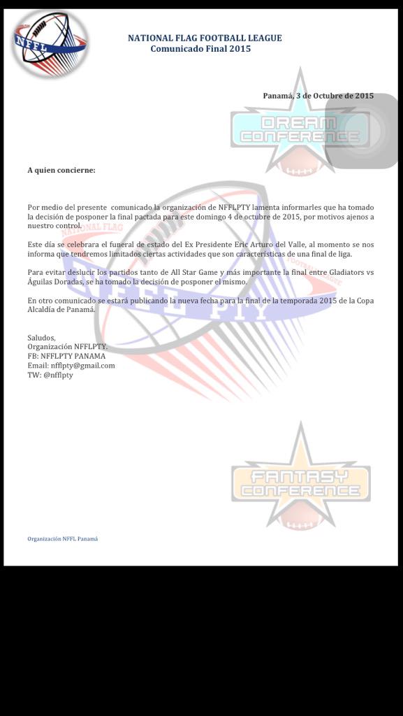 NFFL informa que la final de mañana 4 de Octubre queda suspendida debido al Duelo Nacional.