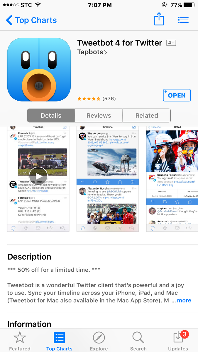 Abdullah_iApp's tweet photo. 💙📲
حول نسخة برنامج “Tweetbot” الرابع
• لا يقبل الا بنظام iOS9
• سعر الحالي مخفض لفترة محدودة
4,99$
والاساسي 9,99$ http://t.co/7O6ba1Tkeh