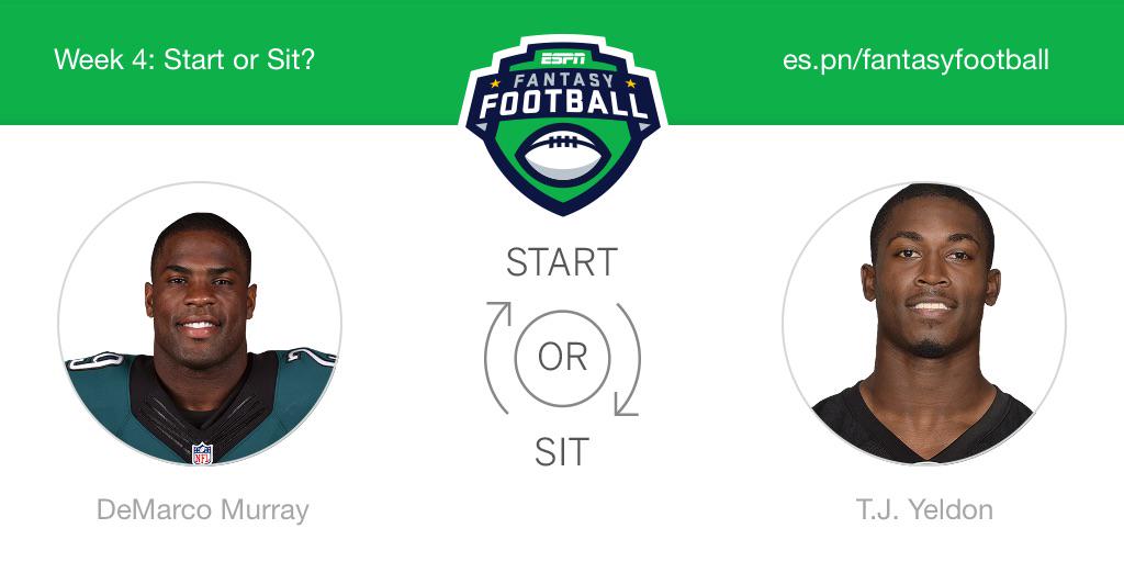 Who should I start this week? DeMarco Murray or T.J. Yeldon! <a href="/ESPNFantasy/">ESPN Fantasy Sports</a> #FantasyFootball