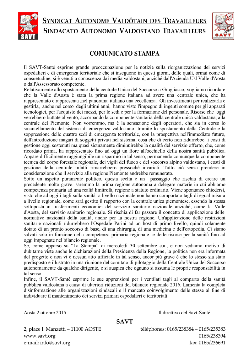 Comunicato Stampa del 2 ottobre 2015 - Centrale Unica del Soccorso.
