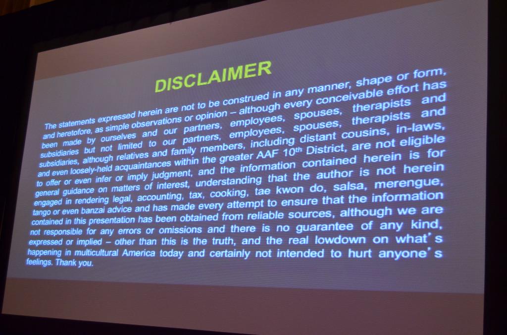LopezNegrete's tweet photo. ALN begins with a disclaimer 😉 @AAFHouston #AAFD10Summit http://t.co/OGeI1d1FwE
