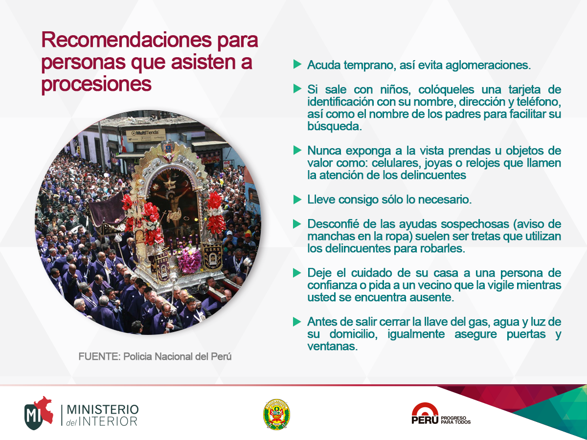 MininterPeru's tweet photo. #DatoMININTER Inicia el primer recorrido del #SeñorDeLosMilagros teniendo en cuenta estos consejos de seguridad. http://t.co/nzQDBBIWbx