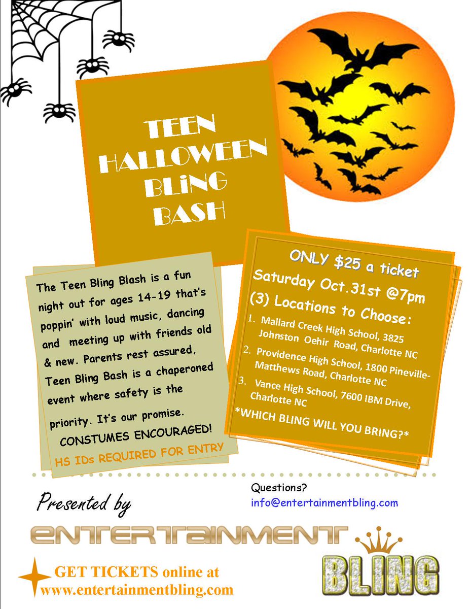 TeenBlingBash's tweet photo. Got plans on #Halloween? 3 #Charlotte locations, 3 dance parties, 3x the costumes! Thanks @NTRtainmntBLING http://t.co/Y00cPcWRHO