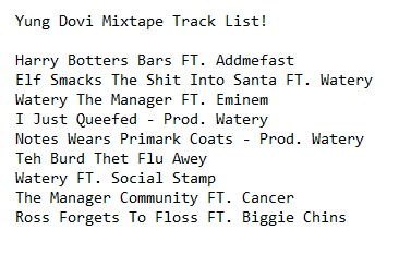 SphDove's tweet photo. Track list for the new mixtape! http://t.co/QKtZ6xrMmZ