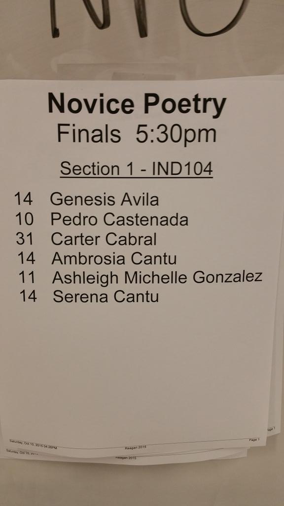 wcinterp's tweet photo. Reagan Tournament, Novice Poetry Finals. Congrats Carter!! #wcinterp @ilovemychargers http://t.co/oIFDSmaAMC