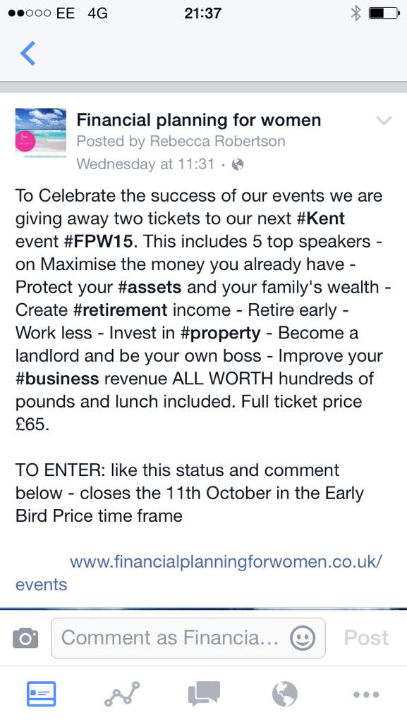 Over on #financialplanningforwomen FB page we have a #competition to win two free tickets ow.ly/2bvA6V