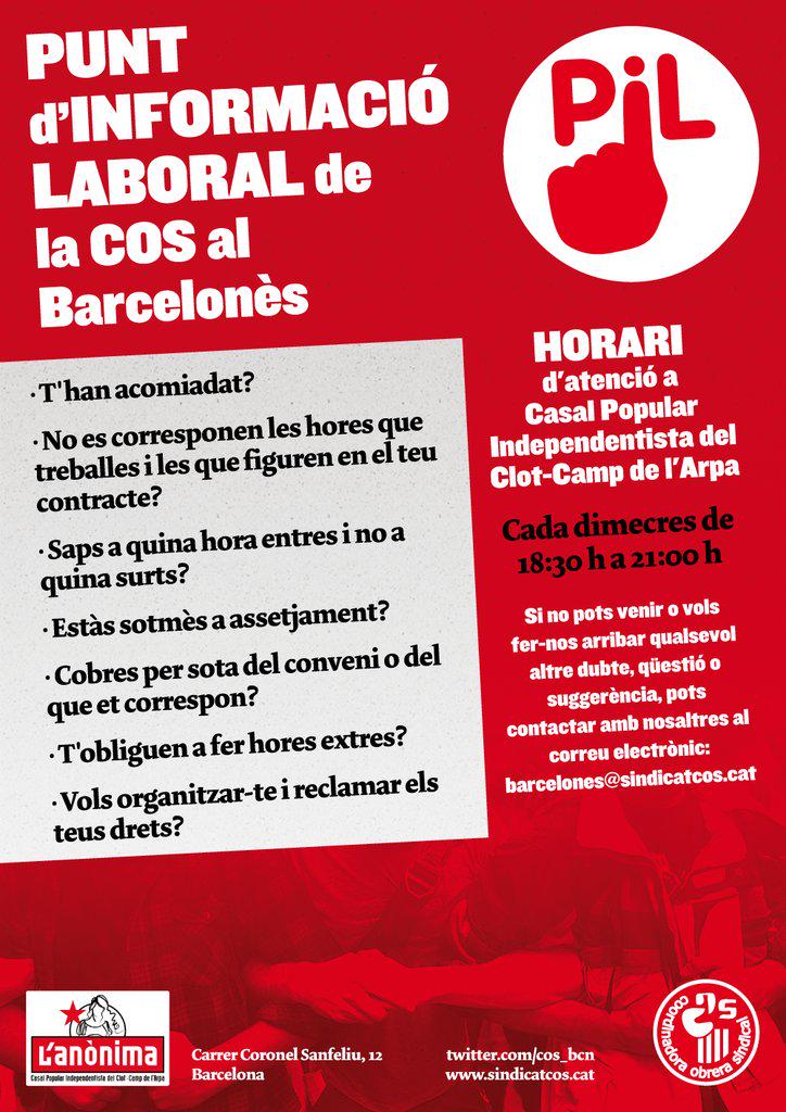 Oriol_Pintos's tweet photo. Tots els dimecres de 18:30 a 21:00 la @cos_bcn organitza un Punt d'Informació Laboral a l'@Anonima_Clot #LaCOSRespon http://t.co/9yKmcFRHcD