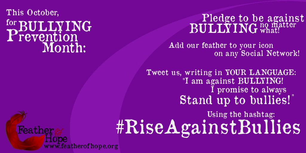 AnAwardForEmily's tweet photo. Join @ERFeatherOfHope amazing project, pledge against #Bullying for #BullyingPreventionMonth! http://t.co/F7bQpPzMg7 http://t.co/0xW9tYzA1r