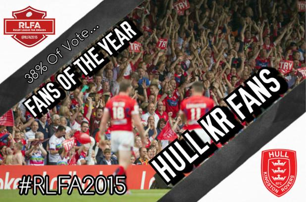 RLFA2016's tweet photo. With 36% of the vote, The Fans of the Year Award 2015 goes to...

HULL KINGSTON ROVERS

#RLFA2015 @hullkr_online http://t.co/beeUXkRGRl