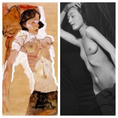 Left: Egon Schiele’s Semi-Nude Girl Reclining, 1911 vs.
 Right: Nusch Éluard, photographed by Man Ray, 1935
