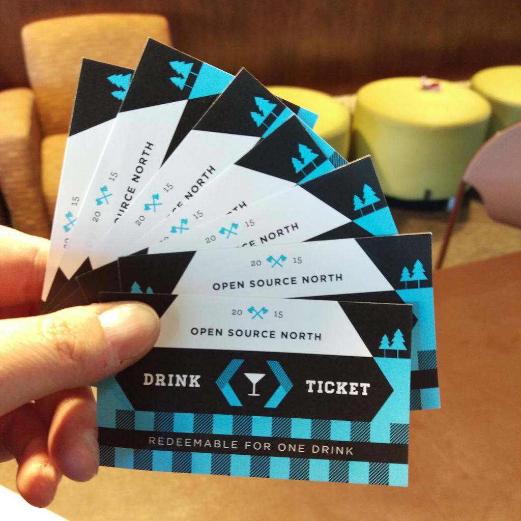 LeahDeBruycker's tweet photo. Who at @OpenSourceNorth wants a drink ticket courtesy of the @TCGeekettes? See me! #OSN2015 #GeekettesAtOSN http://t.co/MocBUEFQYd