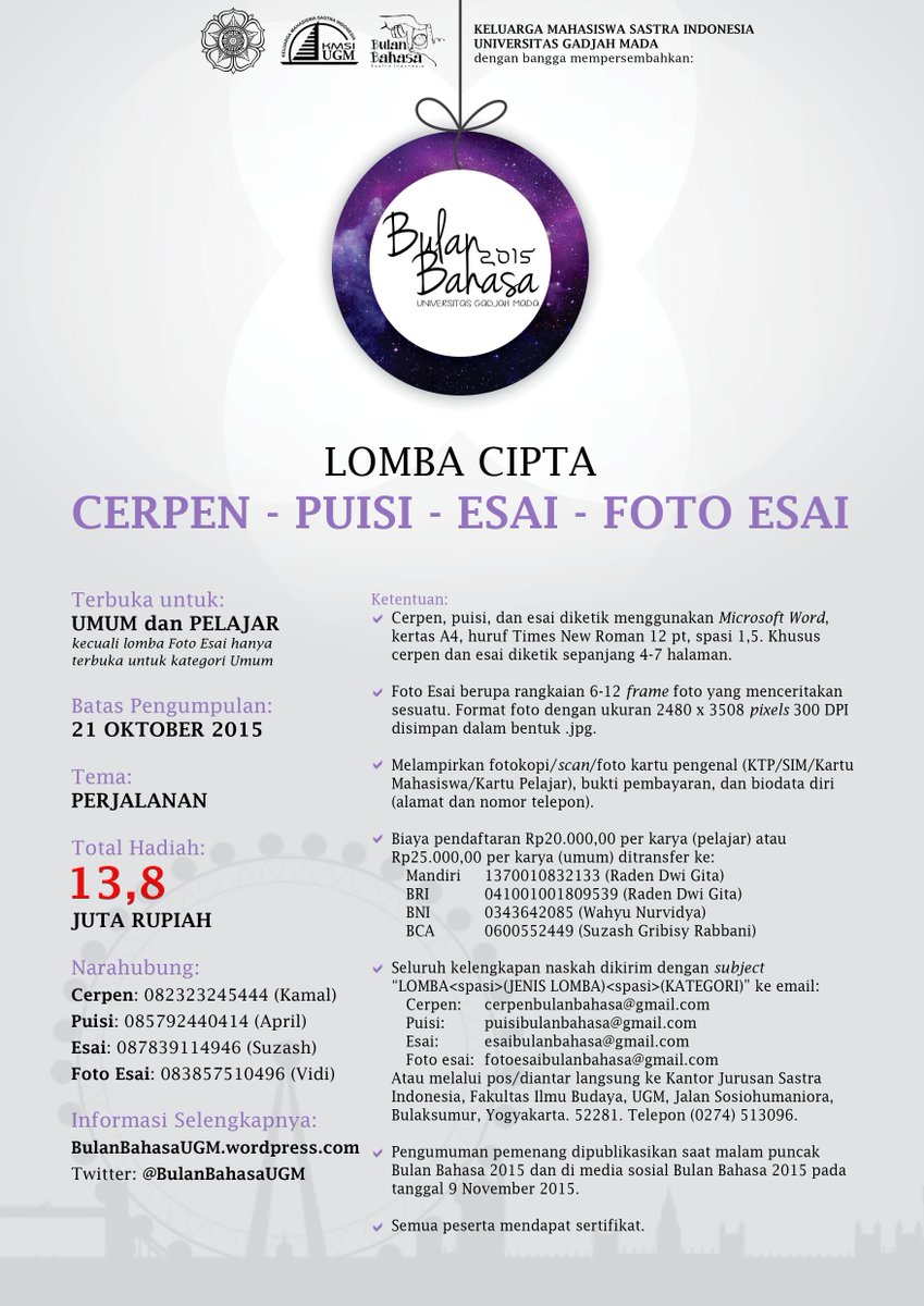 <a href="/SMAPLVanLith/">SMA PL VAN LITH</a> Yuk ikuti Lomba Cerpen, Puisi, Esai, dan Foto Esai #BBUGM2015 | Total Hadiah Rp13,8Jt | DL 21 Okt 2015