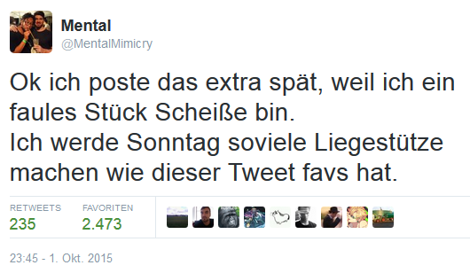 BonjwaMental's tweet photo. Es ist Sonntag.
Lasst die Spiele beginnen.
#2473PushUps #ripMental http://t.co/baRH6ZA9IJ