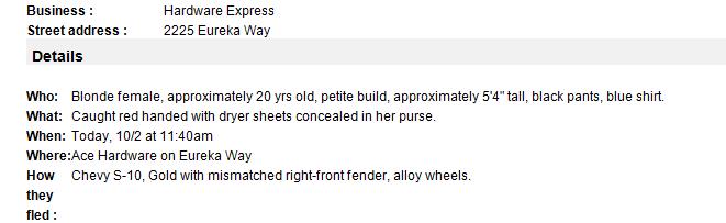 JoeSzyd_Salinas's tweet image. Via Crimewatch: Woman caught "red-handed" stealing dryer sheets #Redding #ScannerChatter (Not really... but #OhWell