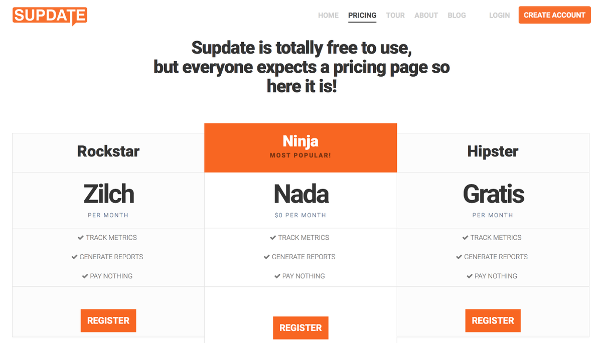 contentmatt's tweet photo. Best pricing page ever! Bravo @supdateapp @DuaneJackson http://t.co/9ZwryuOcpT