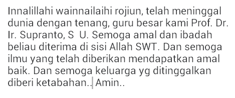 Kami keluarga besar Tekkim UPN V YK, mngcapkan turut berduka cita,ats mninggalnya Prof.Dr.Ir Supranto..