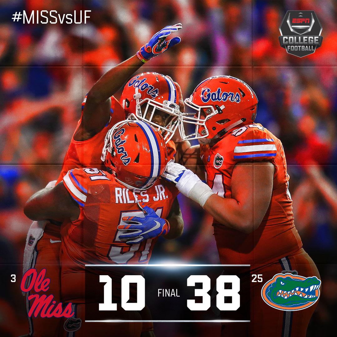 ESPNCFB's tweet photo. Chomp Chomp! #25 Florida completes the upset over #3 Ole Miss with a dominating 38-10 performance. #MISSvsUF http://t.co/gJrDwWIxwr