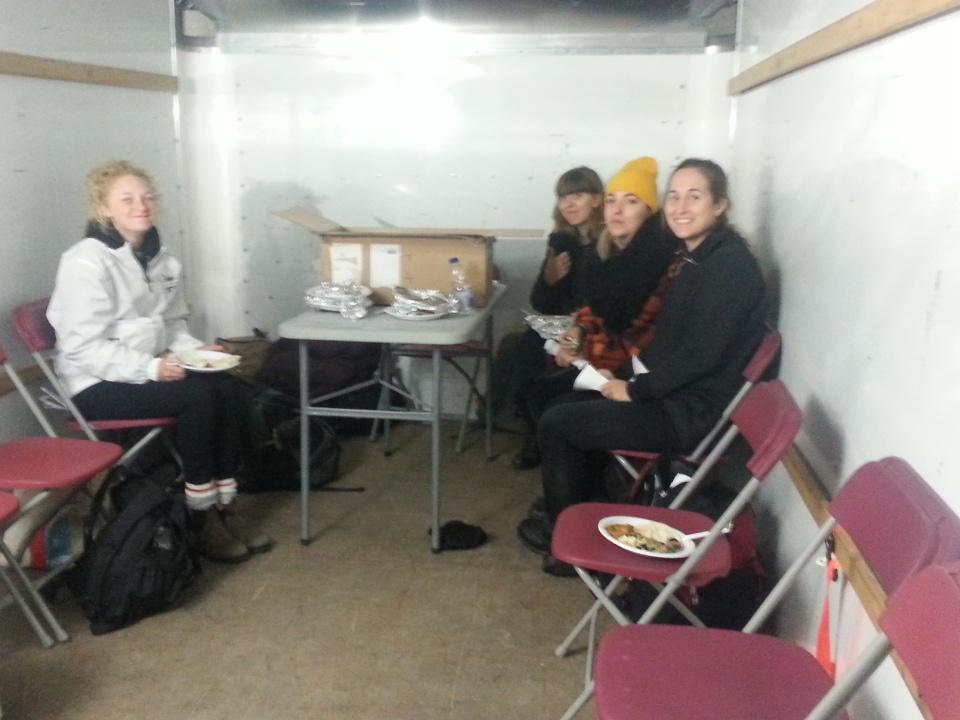 Enjoying a fast,hot meal before next set in the "Hit" trailer,quick warm up in green room,then back to it! #ACNUIT15