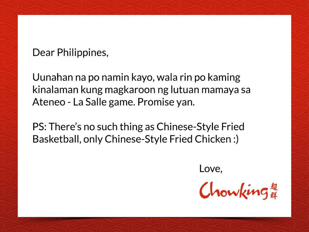 chowking_ph's tweet photo. Mabuti nang malinaw. Mahirap masisi na naman 😅 #UAAPSeason78 #OBF #ANIMO http://t.co/GhaohsHidq