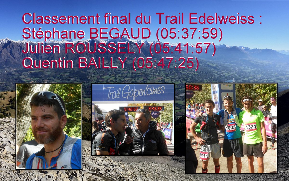 Classement du Trail #Edelweiss :
- S. #BEGAUD 05:37:59
- J. #ROUSSELY 05:41:57
- Q. #BAILLY 05:47:25
<a href="/gapencimes/">Gapencimes</a>