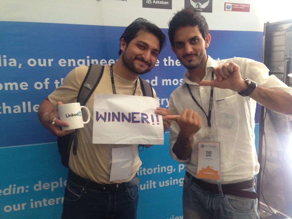 sandinmashoes's tweet photo. @sujaysparikh @dev06nit @pavanvamsi what are your chances to win?! #LinkedInatPycon15 http://t.co/D4uVvgDMlB