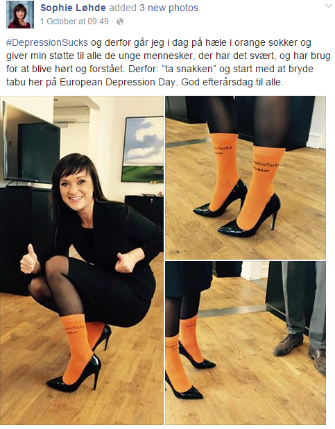 idasynne's tweet photo. Livslinjen lukker om natten, men sundhedsministeren går i orange sokker for at støtte depressionsramte. #fl16 #dkpol http://t.co/3owWqZEtgI