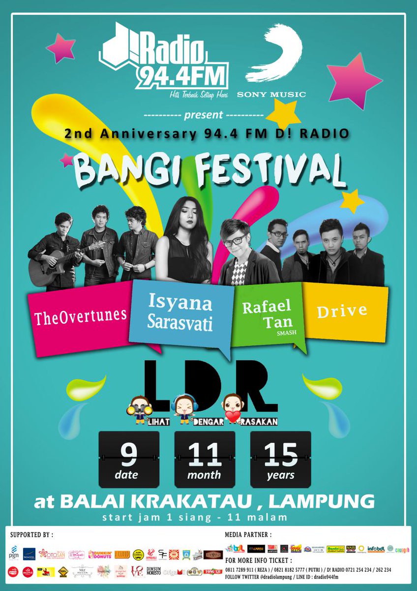 dradiolampung's tweet photo. #BangiFestival! bareng Rafael, Drive, TheOvertunes &amp; Isyana Sarasvati . early bird tiket 50K festival b, 100K fest A http://t.co/G3q6lS4FiS
