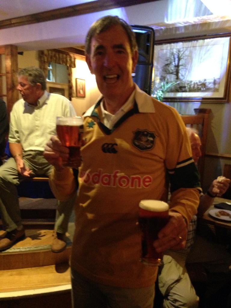 huw2012's tweet photo. See pics of me in an Aussie shirt during last nights game. My companion is  disconsulate Bill. Australia were brill. http://t.co/9kEB6nC7We