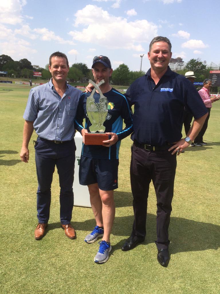 JohnWumpire's tweet photo. Happy coach @Titans_Cricket @OfficialCSA @MarkCharlton9 @jacquesfaul #AfricaT20Cup winners http://t.co/0vkB7MYcgn