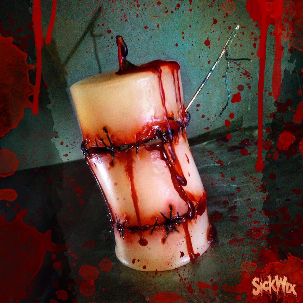 sickwix's tweet photo. A stitch in time... won't save you this time! Stacked &amp; Stitched Putrid Flesh Pillar Candle. 💉 http://t.co/7qptXIigE9