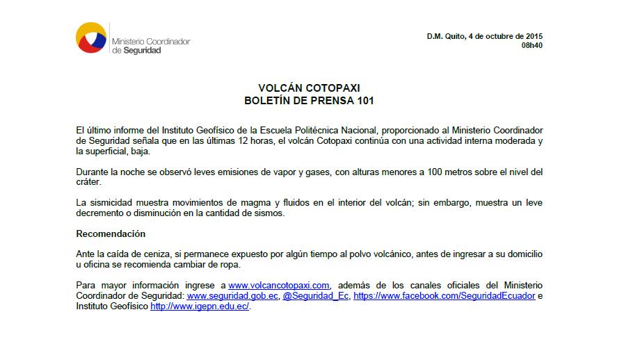 En el boletín de prensa 101 más información sobre actividad #VolcánCotopaxi → seguridad.gob.ec/volcan-cotopax…
