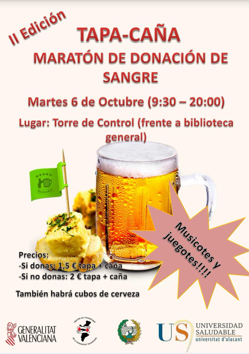 Al16gm's tweet photo. Martes 6 de octubre 
Maratón de donación de sangre 
Tapa-caña solidario 
TT #Selíaenla UA http://t.co/UvXYqxDLJb