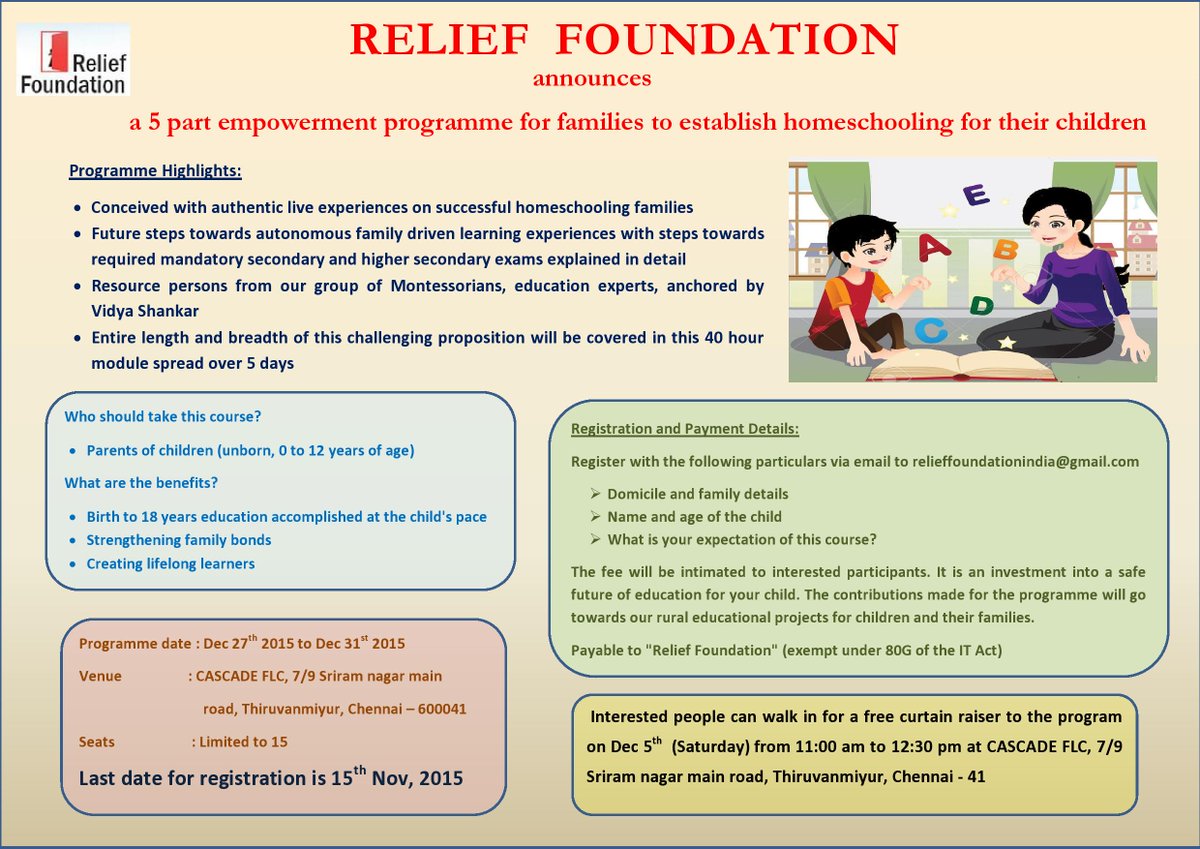 An empowering program for families to homeschool their children. Mail your interest : relieffoundationindia@gmail.com