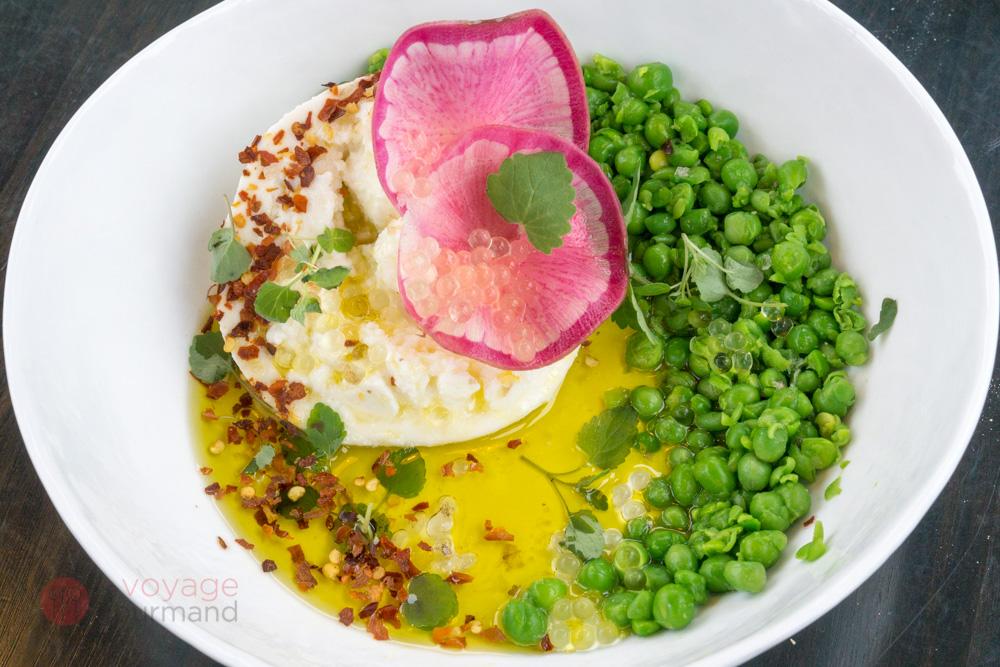 Burrata from <a href="/WhiteGoldCF/">White Gold Cheese</a>, the fresh pop of peas, yuzu pearls &amp; chili. Straightforward flavours. <a href="/blakecanmore/">BLAKE</a>