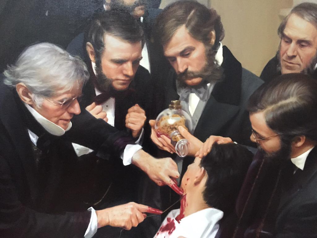 ORLhistory's tweet photo. Morton, administering #anesthesia to Abbott, while Warren performs #surgery to remove neck mass - Ether Day, 1846 http://t.co/C3K3aUfAyS