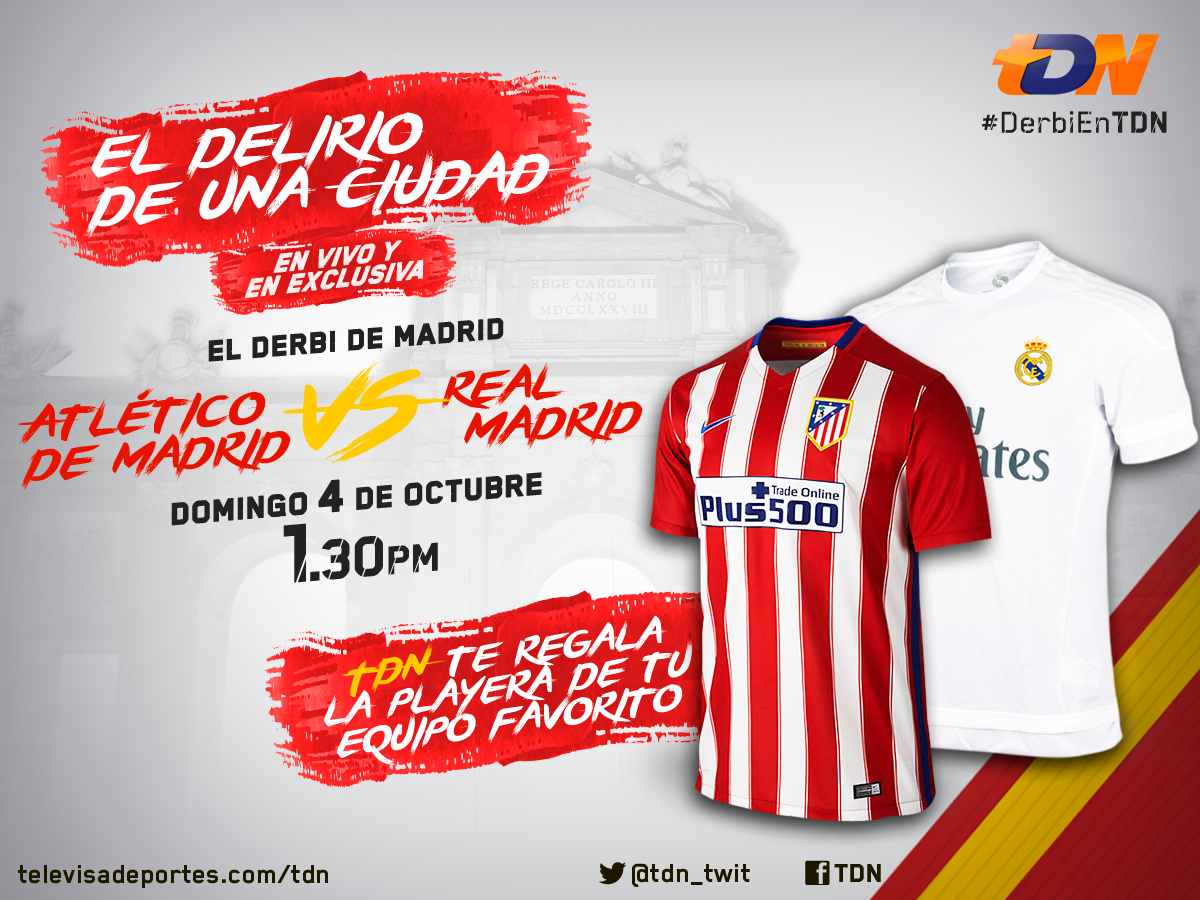 #TDN premia tu pasión. Durante el #DerbiEnTDN regalaremos playeras del Atlético y Real Madrid. Para participar da RT