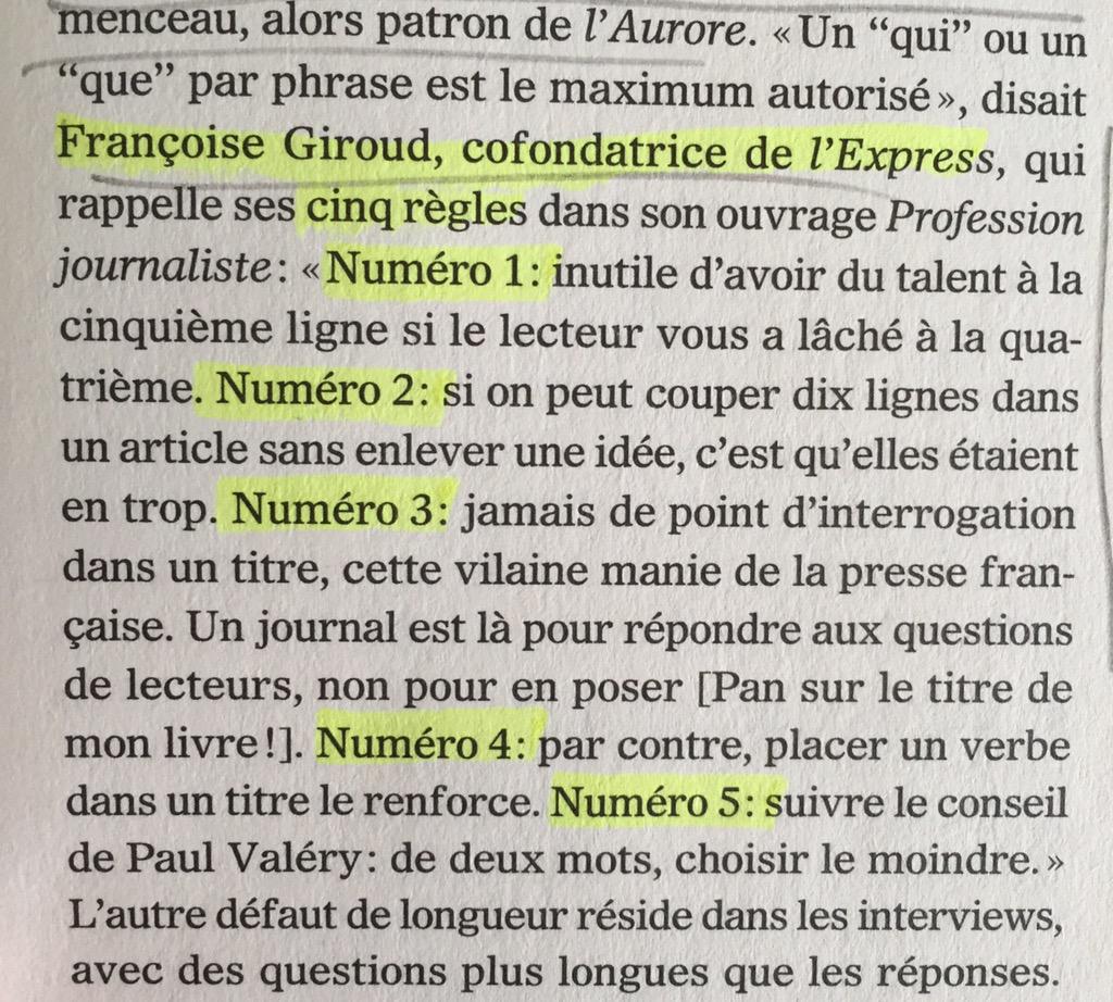 Les 5 règles d'or pour écrire un bon article selon Françoise Giroud, avant #1J1D ce soir. #Journalisme