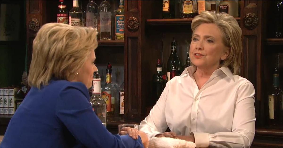 NYMag's tweet photo. Watch Hillary Clinton serve her doppelgänger drinks and advice on SNL: http://t.co/LlPAjrrB6w http://t.co/nxp7gyeRpU