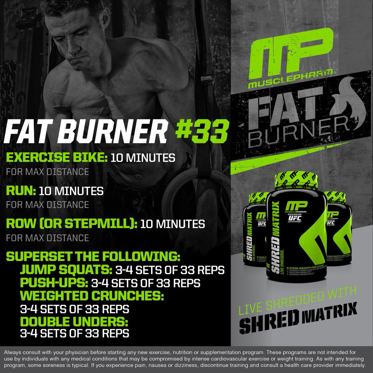 MusclePharm's tweet photo. #MP Circuit Workout of the Day! 
Fat Burner 33 by @MusclepharmPres 
Powered by #ShredMatrix http://t.co/4xrLQfDEPF